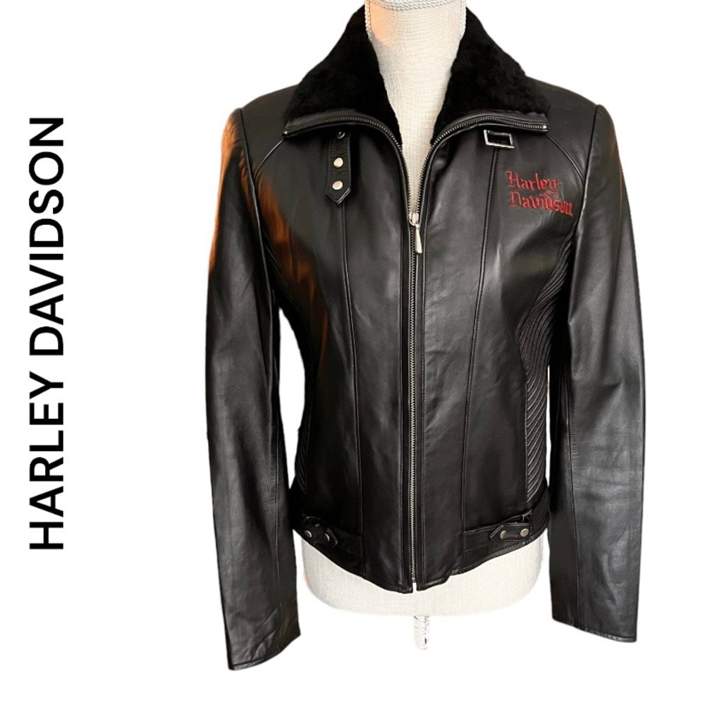 HARLEY DAVIDSON Women’s Black Leather Jacket Embroidered Logo Zip Pocket Small
